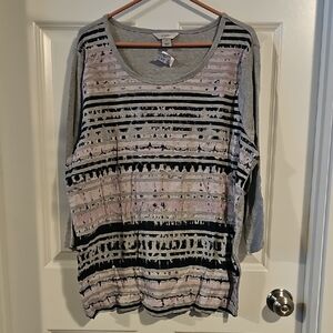 CJ Banks Gray and Pink Striped Long Sleeve Top